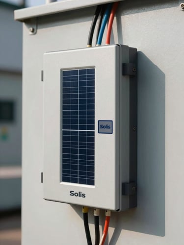 A close-up of a heavy-duty Solis solar inverter professionally mounted on a clean, professionally wired panel inside a Pune industrial facility, bright midday sun casting sharp shadows, macro shot of clean wiring.