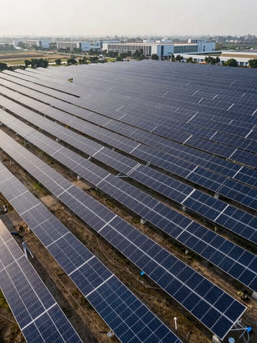 Wide architectural drone shot of a massive, perfectly aligned coplanar solar array on a modern commercial IT park in Hinjawadi, sharp morning light, high contrast, clean wiring visible.