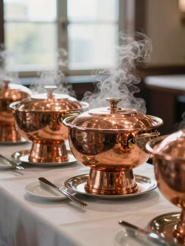 Warm editorial food photography of elegant corporate buffet setups, polished copper serving dishes with steam rising, rich saturated colors, 35mm.