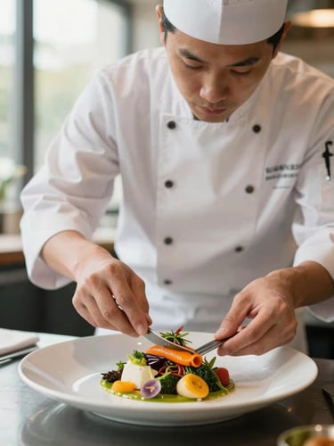 Warm editorial portrait of a professional chef in a clean white uniform meticulously plating a vibrant dish, soft natural window light, shallow depth of field.