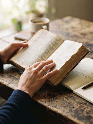 Hands holding an open Bible on a rustic wooden table with a notebook nearby, warm morning sunlight, shallow depth of field, 35mm