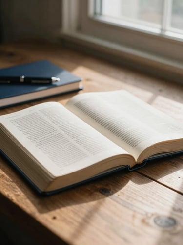 An open Bible on a rustic wooden table, soft morning light streaming through a window, a notebook and a pen nearby, warm cream and navy tones, editorial style