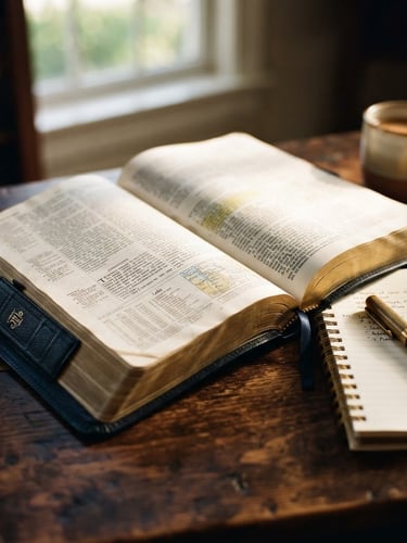An open heavy study Bible on a dark wooden table, warm sunlight illuminating the pages, a notebook and pen nearby, shallow depth of field, 35mm photography