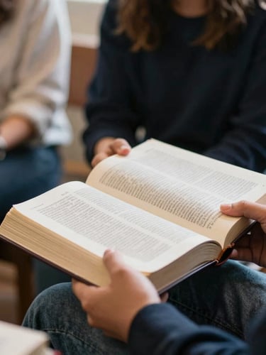 A close-up of hands holding a Bible open during a study group, warm ambient indoor light, focused and reverent atmosphere, 35mm