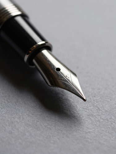 Macro close-up of a fountain pen nib on heavy textured paper, sharp side-lighting, deep charcoal shadows, 50mm lens