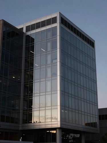 Dramatic low-key architectural shot of a modern glass office facade in downtown Tucson at dusk, silver highlights, sharp focus, 85mm lens
