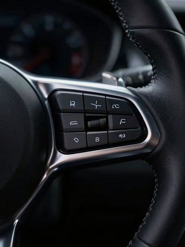 Macro close-up of a luxury car steering wheel, brushed silver trim, dramatic studio lighting, deep shadows