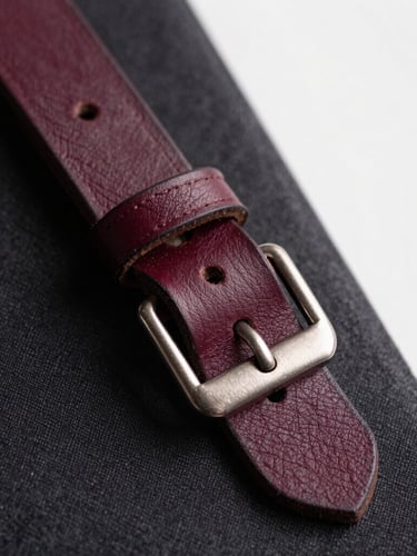 Close-up of hand-finished leather straps and metallic buckles on a dark textured fabric background, dramatic side lighting, rich shadows