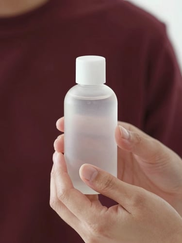 Soft focus portrait of hands gently holding a clean, transparent bottle filled with clear gel, natural morning light, minimalist aesthetic