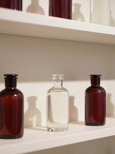 A clean, minimalist retail display shelf with soft botanical elements, structured shadows, and elegant glass bottles under diffused warm lighting.