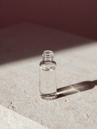Minimalist editorial portrait of a clear glass serum bottle on a textured stone surface, soft natural side-light casting deep burgundy shadows, macro lens detail.