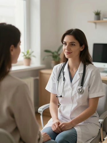 A warm, natural light photograph of a female gynecologist in North Macedonia sitting with an expectant mother, smiling gently, talking in a cozy office, soft daylight.