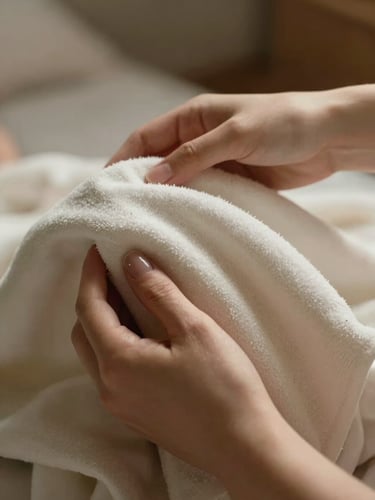 A warm close-up of a mother's hands gently holding a soft cotton baby blanket, soft indirect daylight, warm editorial style.