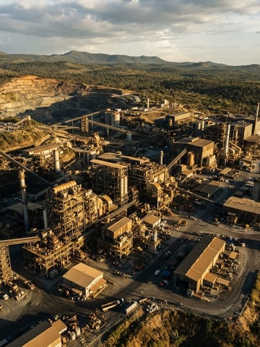 Wide-angle aerial shot of a massive modern mineral processing facility in Bunia, dramatic natural sunlight, deep shadows, rich gold and charcoal tones, 35mm