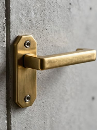 Extreme close-up of a heavy milled brass sliding door handle mounted on a raw concrete wall, dramatic side lighting, sharp metallic grain