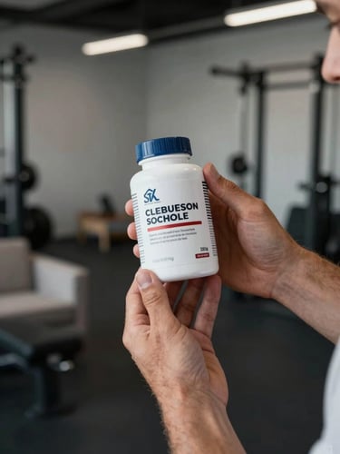 A close-up of a male athlete's hands holding a premium wellness supplement bottle, clean minimalist home gym background, high-contrast cool-toned lighting