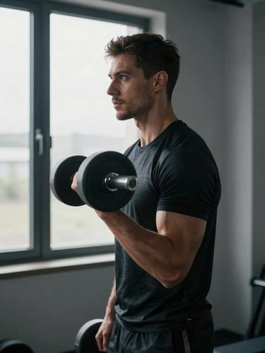 A sharp profile of a determined male athlete training with adjustable dumbbells in a minimalist, high-contrast home gym, cool morning window light.