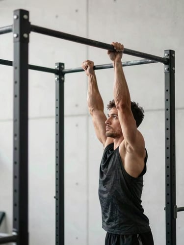 A sharp profile of a focused male athlete performing a pull-up on a minimalist black steel bar, natural morning side-light, clean white concrete wall background.