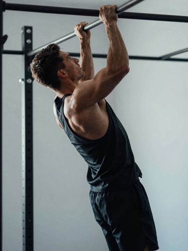 A sharp profile of a focused male athlete performing a pull-up in a minimalist home gym, high-contrast cool morning light, clean background, sharp focus on athletic form.