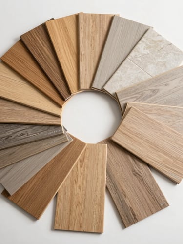 Overhead flat-lay of multiple flooring samples fanned out — oak, tile, luxury vinyl — on a clean white surface under bright studio lighting, informational and organized, no text overlays