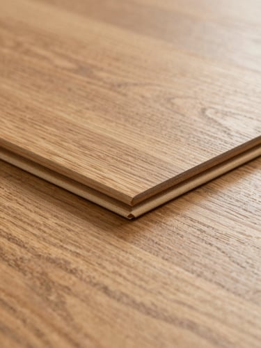 Extreme close-up of hardwood flooring planks showing fine grain texture and satin finish edge detail, clean north-facing daylight, product photography style, no labels or text