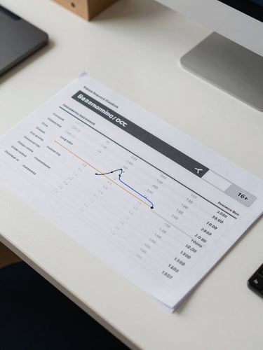 Structured overhead view of a metrics dashboard printout showing search ranking positions and lead volume figures on a clean desk, north-facing daylight, informational and data-forward, no decorative elements
