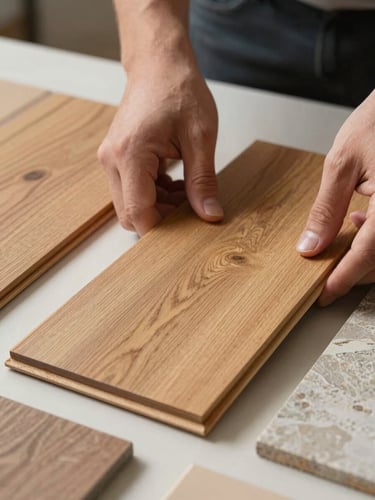 Close-up of hands carefully placing a natural oak flooring sample onto a flat surface beside other wood and stone samples, clean studio daylight from the left, grain texture sharp in focus, fingertips visible mid-placement
