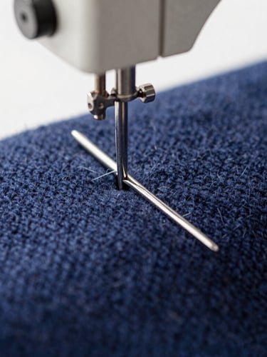 Macro close-up of a silver sewing machine needle gliding precisely through heavy navy blue wool fabric, bright natural side light, shallow depth of field