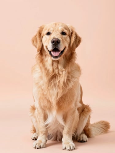 A happy freshly groomed golden retriever sitting proudly against a soft pastel peach studio backdrop, high-key lighting, 50mm lens