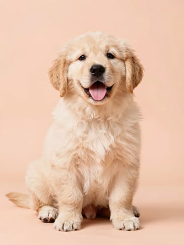 A happy, fluffy golden retriever puppy sitting proudly against a soft peach background, bright high-key studio lighting, 50mm lens