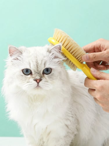 Close-up of gentle groomer hands using a soft brush on a clean, fluffy white Persian cat, bright pastel mint backdrop, soft studio light
