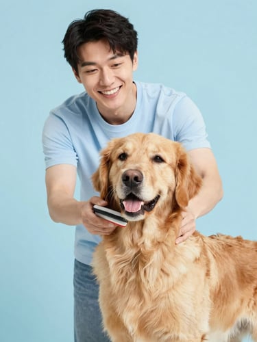 A cheerful male groomer gently brushing a golden retriever, high-key studio light, soft pastel blue backdrop, portrait aspect