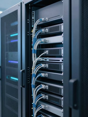 Close-up of clean server racks with soft blue ambient glow, organized cables, high-trust corporate tech environment, 35mm lens