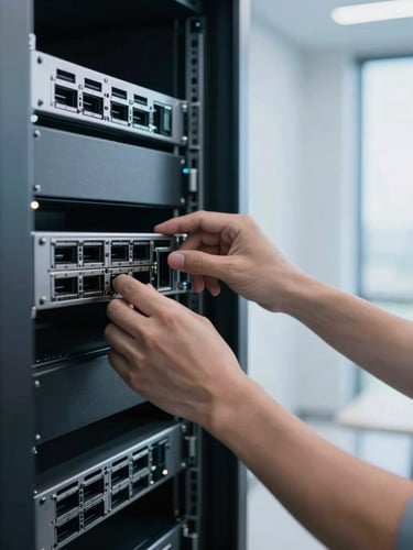 Hands of an IT professional configuring network hardware in a clean minimalist server room, daylight through window, 35mm lens