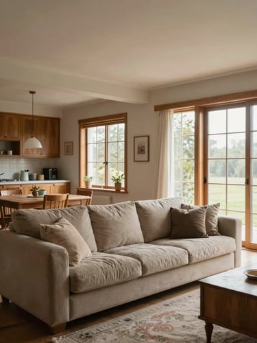 Wide environmental shot of a completed living room interior — sofa with cushions, dining area visible in background, natural north-facing daylight through large windows, warm neutral walls, finished joinery details, inhabited and lived-in feel, no staging