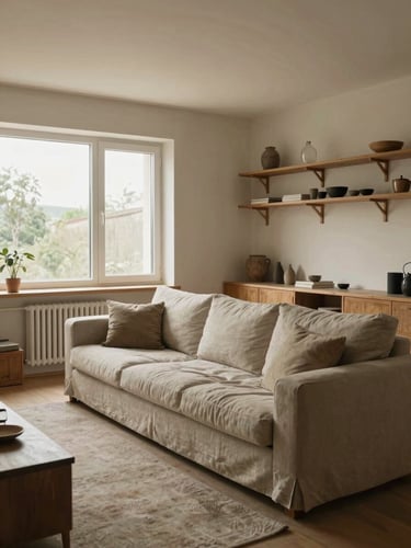 Wide environmental shot of a completed Romanian apartment living room, natural north-facing daylight through large windows, linen sofa with cushions in use, warm neutral plaster walls, oak shelving with lived-in objects, no people, camera positioned from room corner showing full space depth