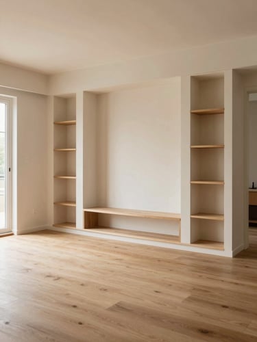 After state of the same living room: smooth plastered walls in warm neutral tone, integrated built-in storage, new flooring, natural daylight, furniture in natural use, wide environmental shot matching the before frame