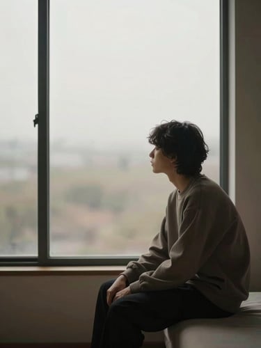 Minimalist editorial photography of a person sitting in quiet contemplation near a large window, soft diffused daylight, muted earth tones, 35mm, shallow depth of field
