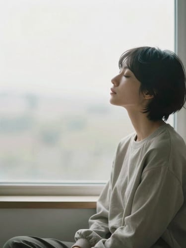 A side profile of a person sitting quietly by a large window, eyes closed in calm reflection, soft overcast daylight illuminating their face, desaturated sage tones, minimalist setting.