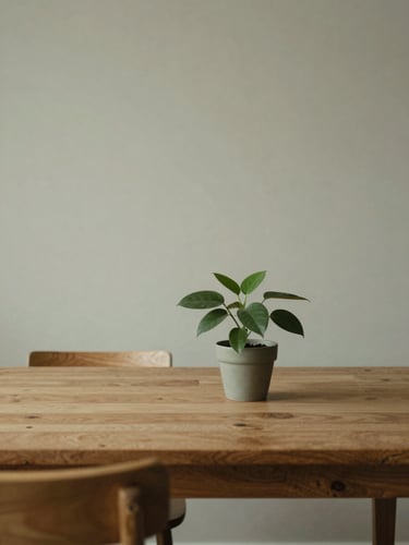 A quiet, sunlit room with a single green plant on a wooden table, soft desaturated sage wall, soft diffused daylight, muted earth tones, 35mm, shallow depth of field