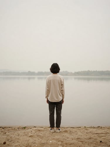 An outdoor setting with soft diffused overcast daylight, a person standing peacefully near a calm lake, muted earth tones, minimalist editorial photography