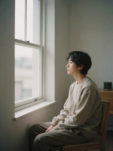 A calm individual sitting in a modern, sunlit, minimalist room, soft north-facing daylight, looking out a window in quiet contemplation, muted sage and sand colors, 35mm photography