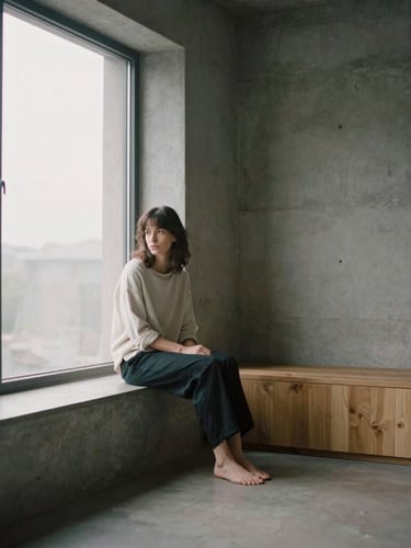 A woman sitting quietly by a large window with soft morning daylight, minimalist concrete and oak room, desaturated tones, 35mm photograph