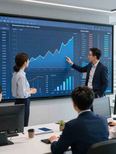 Modern corporate team collaborating around a large digital dashboard, focused on financial data, bright natural office light, deep blues and cool tones, sharp focus, 35mm lens, wide shot showing a modern, structured workspace