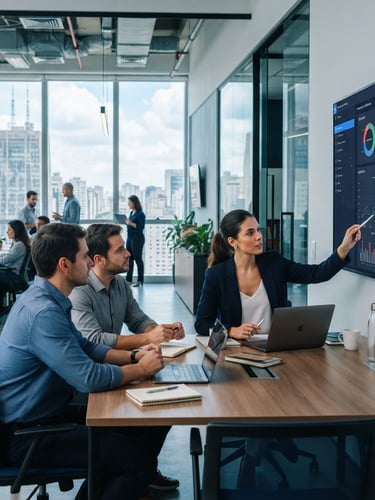 Modern corporate workspace in São Paulo, collaborative financial planning session around a large screen displaying financial dashboards, bright natural daylight, cool tones, sharp focus, 35mm lens, a professional analyzing data in the right third, expansive modern office interior to the left.