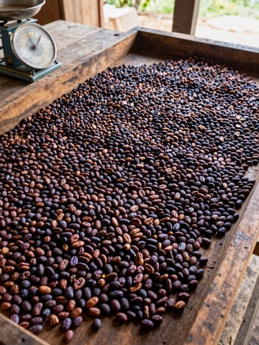 Close overhead documentary view of a wooden sorting table in a rural cacao facility, dried fermented beans spread across the surface in varying shades of deep brown and purple, a worn metal scale at the left edge, natural north-facing warehouse light, no people