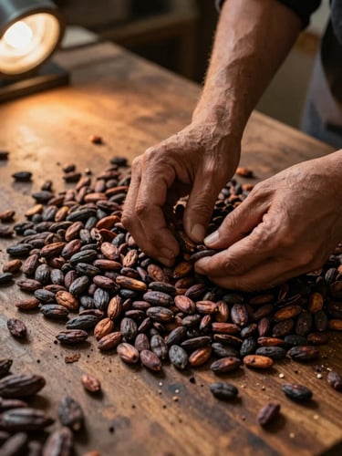 Close-up overhead documentary shot of dried cacao beans being hand-sorted on a wooden sorting table, worker's hands visible selecting and discarding beans, warm tungsten workshop light from the left, shallow depth of field on the bean mass, dark earth tones throughout