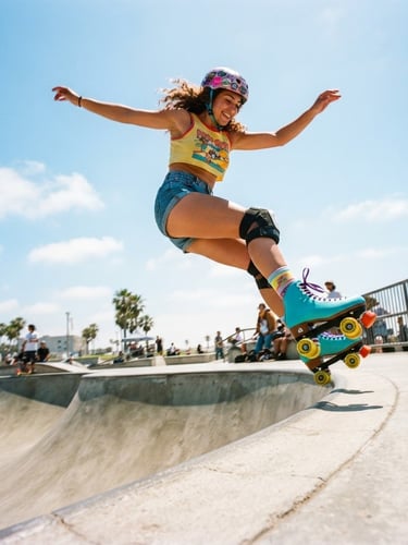 Low-angle dynamic shot of a quad skater launching off a concrete ramp under bright midday sun, colorful skates, vibrant action, 35mm film.