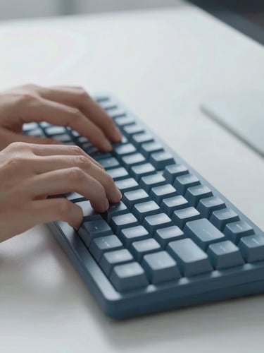 Close-up of hands typing on a clean mechanical keyboard, soft diffused office lighting, modern minimalist workspace, sharp focus, slate blue color palette