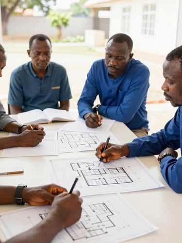 An active collaborative workshop in Bouaké, local African and American leaders speaking over a table with architectural blueprints, bright natural daylight, 35mm.